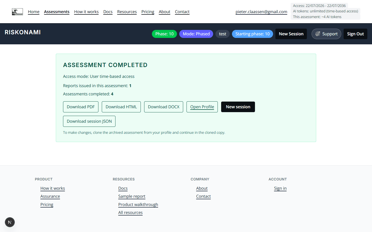 Assessment completed with report download buttons