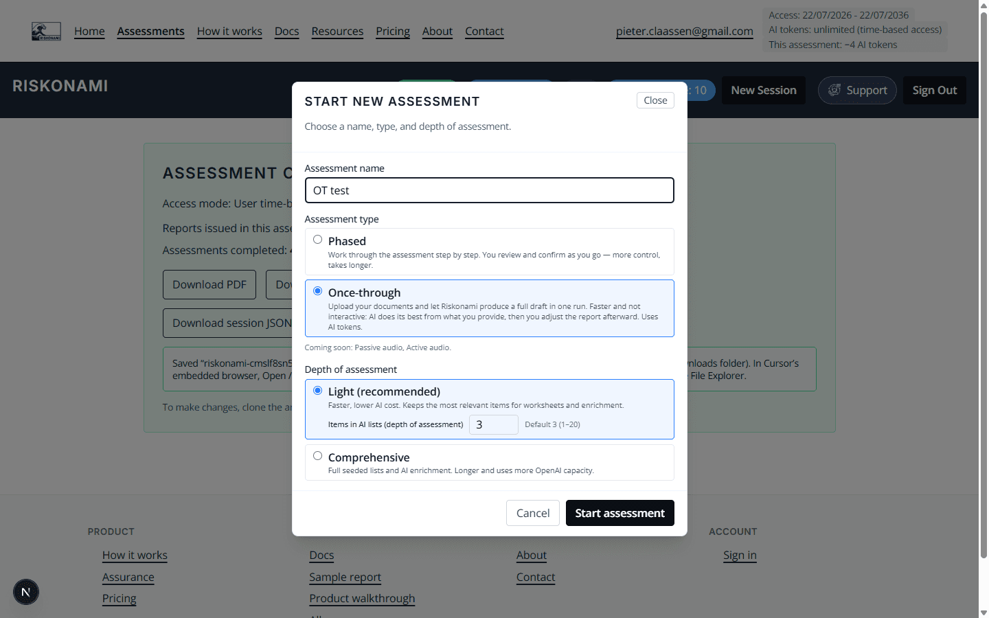 Start new assessment with Once-through selected