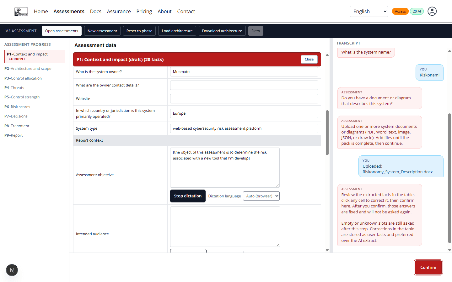 Phase 1 workspace: context facts on the left, transcript and Confirm on the right, P1 marked current in the progress list.