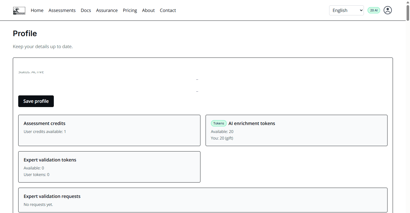 Profile AI enrichment tokens card showing available gift tokens, next to assessment credits.