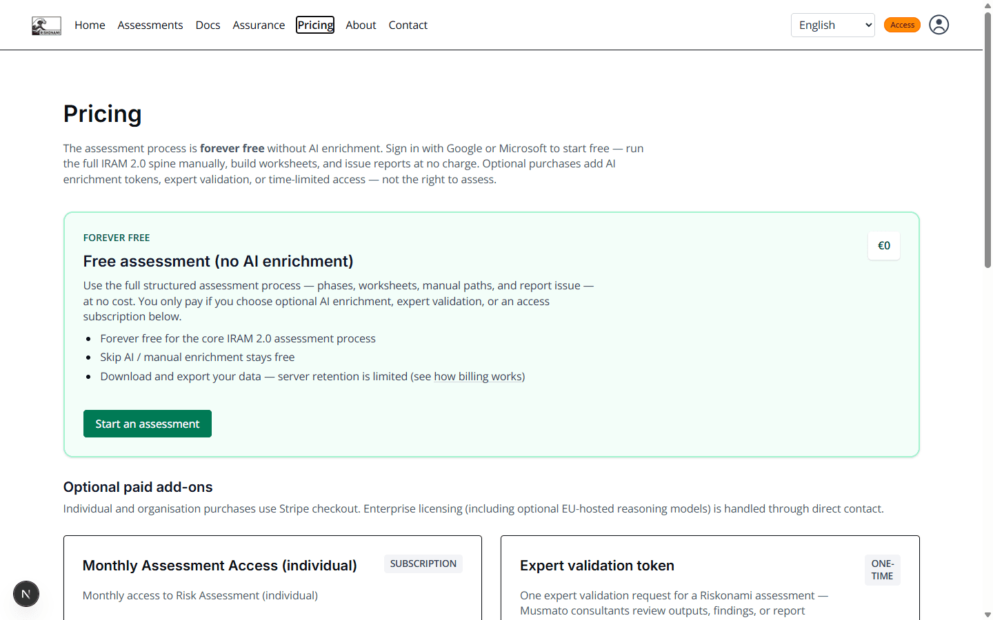 Pricing page: forever-free assessment, then optional paid add-ons including access subscription and expert validation.