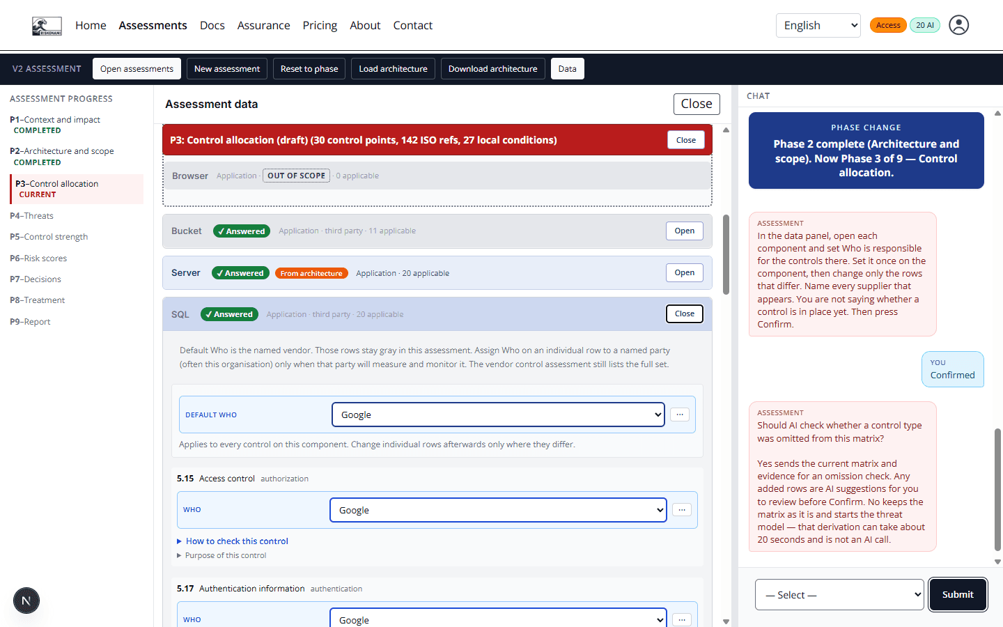 Phase 3 control matrix for SQL, a third-party application. Default Who and the control rows are set to the named vendor Google.