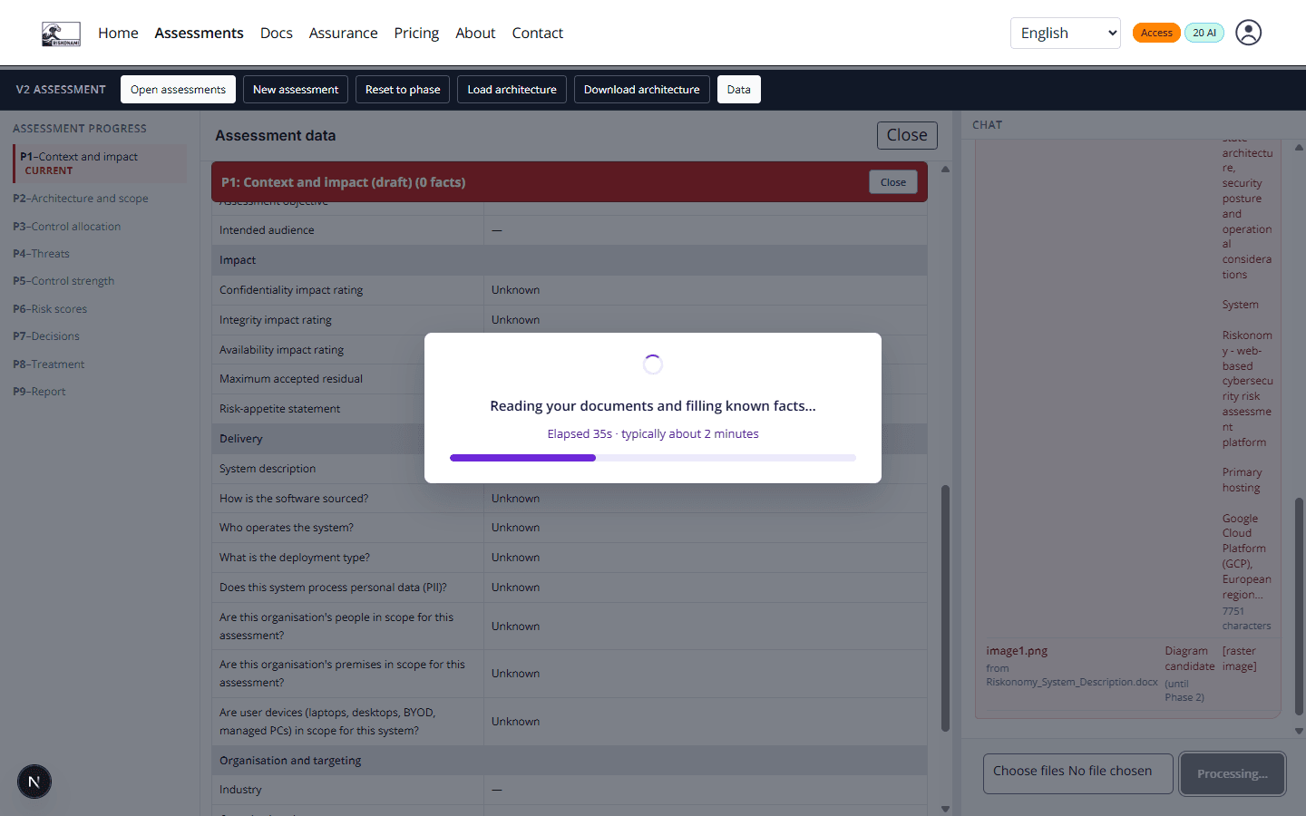 A progress dialog reading uploaded documents and filling known facts. Behind it, the file pack lists a Word description and a diagram candidate.
