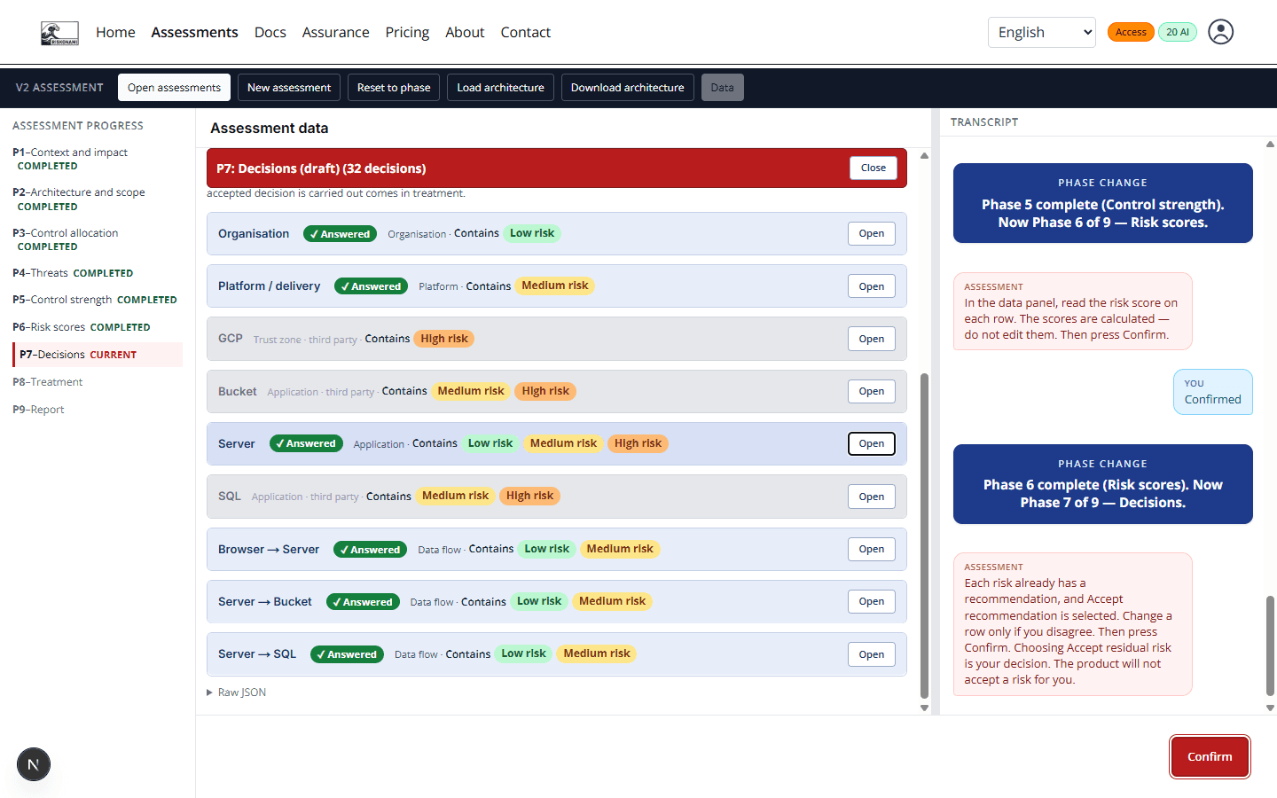 Phase 7 decisions: each component lists its risk bands. The transcript says choosing Accept is your decision and the product will not accept a risk for you.