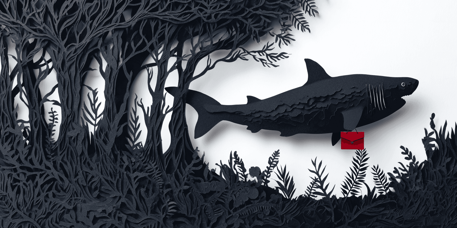 Paper-cut illustration of a shark carrying a red briefcase through dense foliage